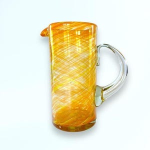 Vintage Handblown Yellow & Orange Swirl 1.5qt Pitcher Jug Carafe 9” Mexican Dots