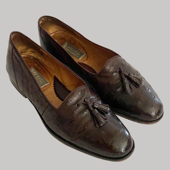 Vintage Owens Ostrich Leather Brown Tassel Loafers Men display picture 3