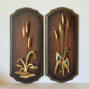 Vintage Mid Century 3D Metal Art Wall Hanging Copper Brass Cattails on Wood Pair