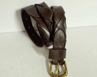 Vintage Linea Pelle Woven Leather Statement Buckle Belt Linea Pelle Woven Leather Belt Brass Buckle Rings 30-33  main image 4
