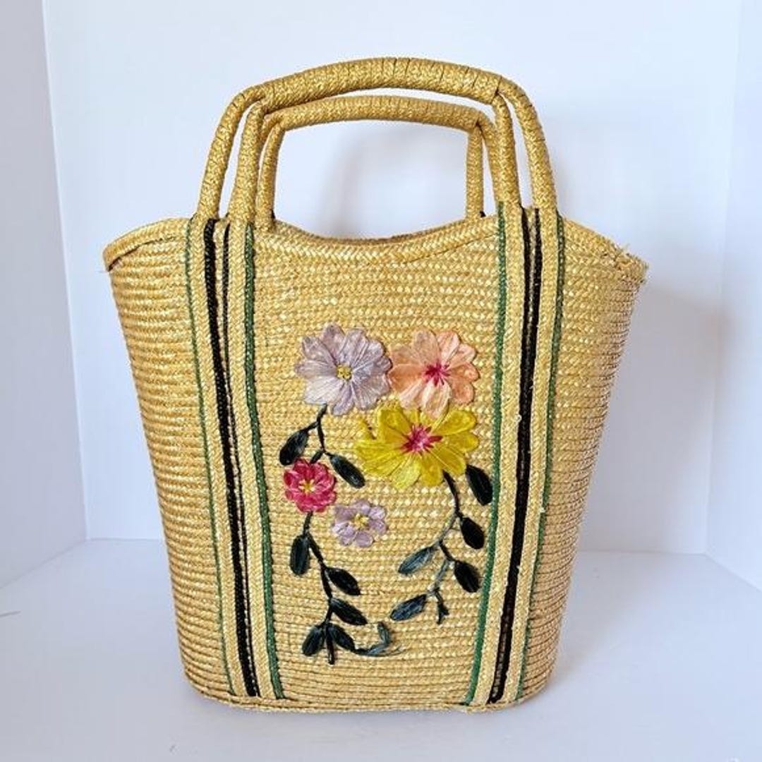 Vintage 1960s Woven Straw Tote Bag Raffia Floral Mid-century Beach or ...