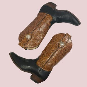 Vintage Justin Brown and Black Embossed Western Boots Silver  display picture 3