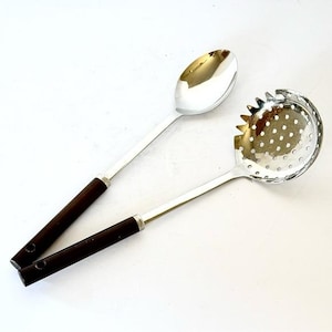 Vintage Minell Kitchen Utensils Stainless Steel Spoon & Skimmer Wood Handles