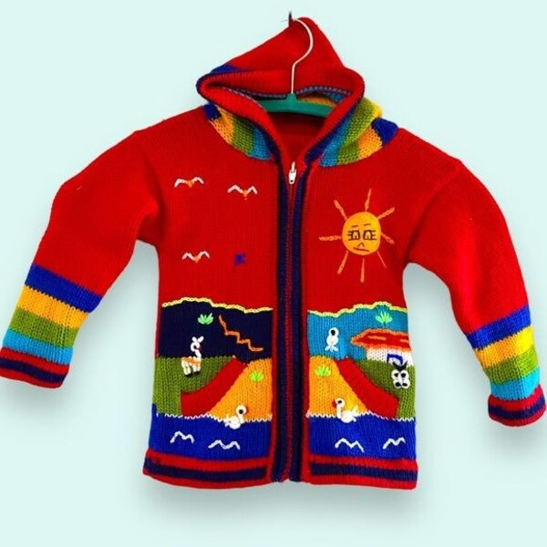 Bright Knit Peruvian Sweater Hooded Zip Front Sun Llama Toddler 3T