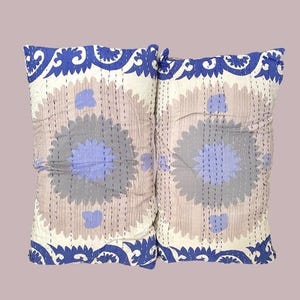 May include: Two decorative throw pillows with a floral pattern in shades of blue, gray, and white. The pillows have a blue and white border.