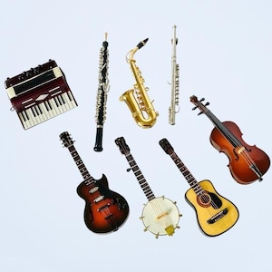 Musical Instrument Miniature Set 8pc High Quality Detailed Metal & Wood