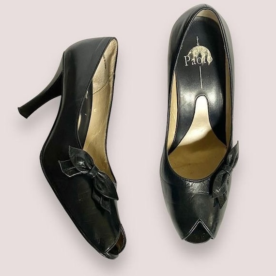 Vintage Linea Paolo Leather Peep Toe Bow Heels SZ 
