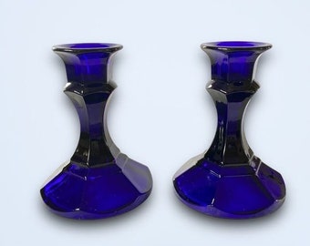 Vintage Indiana Glass Cobalt Blue Taper Candlesticks Candle Holders