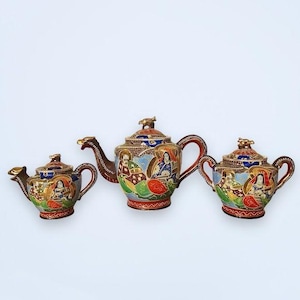 Vintage Dragonware 3pc Satsuma Moriage Teapot Creamer Sugar Hand Painted Japan