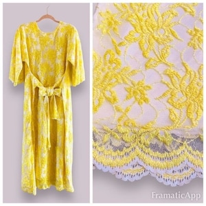 Vintage Lace & Mesh Yellow Floral Tea Length Dress w/Tie Waist