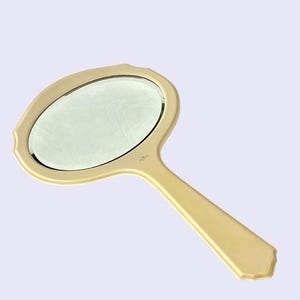 Vintage French Ivory Pyralin Hand Mirror 1940s-50s Beveled Glass Mirror