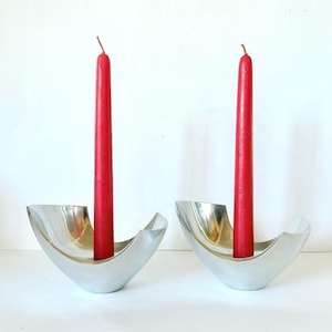 Vintage Michael Lax Metaal Polished Aluminum Post Modern Candlestick Holders