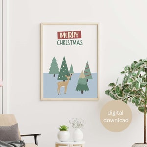Arte de pared imprimible de renos de Navidad, decoración festiva del hogar, arte de la pared de la sala de estar, sala familiar, arte de la pared de la habitación de los niños, descargas digitales