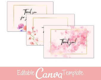 CANVA thank you card | Floral pink editable thank you card | Small business thank you card template | 3 fully editable thank you pink cards