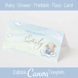 Modello di segnaposto per baby shower con elefante, modello di segnaposto CANVA, modello di biglietto per il nome, biglietto calligrafico, ragazzo stampabile per baby shower EB01