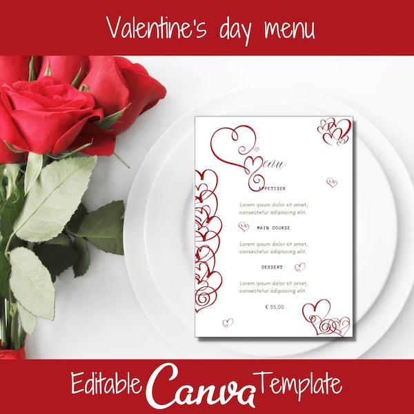 Sweet Hearts St Valentine Menu,Canva editable Menu, Valentine's day menu, Valentine Restaurant printable menu, Valentine red heart menu VM03