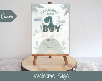Dinosaur baby shower welcome sign, editable baby shower welcome sign printable instant download, boy dinosaur baby shower decoration  DB01