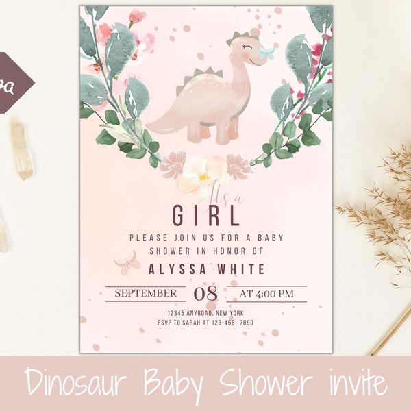 Girl Dinosaur Baby Shower Invitation Canva Template,Dino and butterfly Pink green Flower Dinosaur Theme Party Invite,EDITABLE DOWNLOAD, DB03