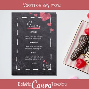 Menu di San Valentino sulla lavagna,Menu modificabile con Canva,Menu di San Valentino,Menu stampabile del ristorante Valentine,San Valentino nero e rosso VM01