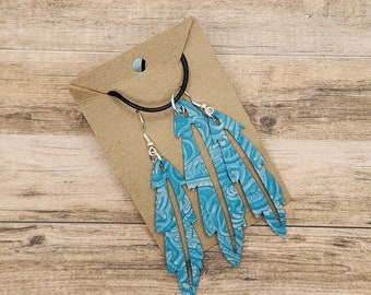 Feather Dangle Earrings and Necklace Set, Turquoise Embossed Faux Leather, Gift for her