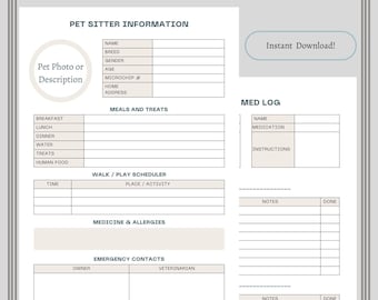 Pet Sitter Information Printable: Pet Med Log, Emergency Info (Digital Download)
