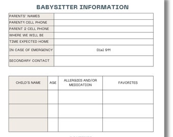 Babysitter Information Sheet, Baby sitter essentials, Nanny basic information, printable