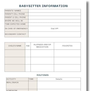 Pode incluir: Uma folha de informações para babá imprimível com seções para os nomes dos pais, números de telefone, nome da criança, idade, alergias, medicamentos, favoritos e uma programação de rotina.