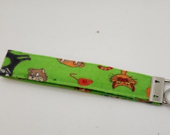 Cat Keychain Wristlet, Flannel Fabric Key Ring, Gift Idea for Cat Lover