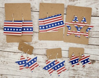 Patriotic faux leather earrings, Stars and Stripes hypoallergenic sterling silver wire
