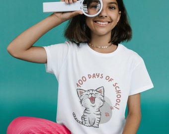 Youth Sized 100 Days of School Kitty Cat Short Sleeve Tee