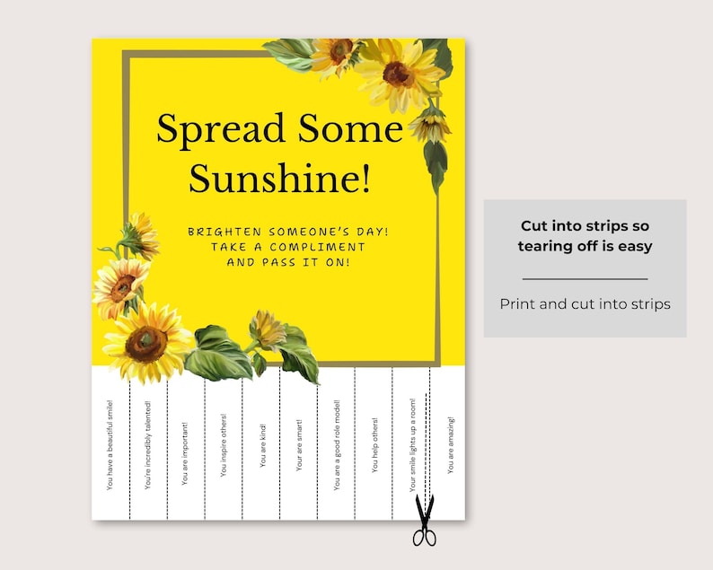 Printable Sunflower Compliment Tear-off Flyer: Classroom Decor (digital ...