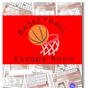 May include: A red background with a basketball going through a hoop. The text "BASKETBALL Escape Room" is written in white letters.