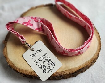 Pink Ribbon Lanyard, ID Badge and Keys, Breast Cancer Awareness, Handmade Fabric Lanyard, Gift Idea for her