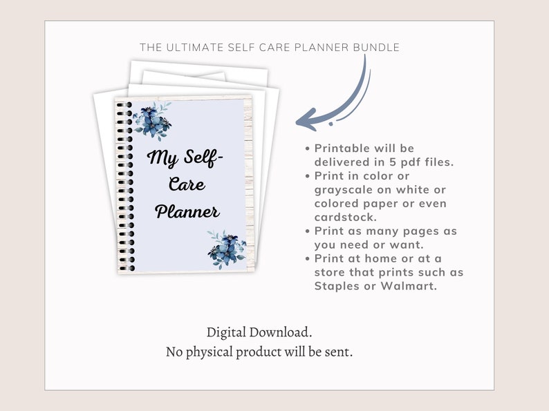 The Ultimate Self Care Planner Bundle,feminine style blue, 58 pages of goals, reflections, routines, trackers, journals, wellness, and more image 4