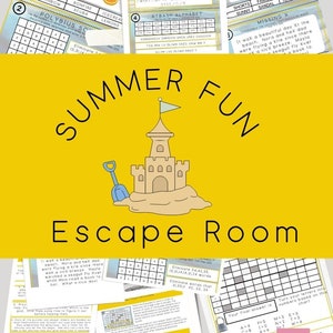 以下が含まれることがあります： 砂のお城のイラストと「Summer Fun Escape Room」というテキストが書かれた、印刷可能な夏のテーマの脱出ゲーム。このゲームには、ポリビオスの正方形、アトバッシュのアルファベット、文字が足りないパズルなど、さまざまなパズルとチャレンジが含まれています。