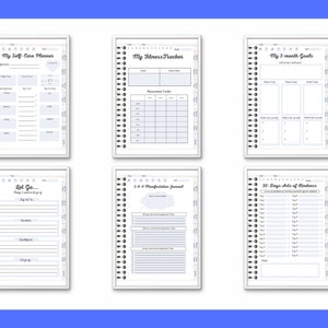 The Ultimate Self Care Planner Bundle,feminine style blue, 58 pages of goals, reflections, routines, trackers, journals, wellness, and more image 3