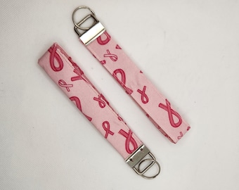 Pink Ribbon Fabric Keychain, Breast Cancer Key Fob Wristlet, Gift idea