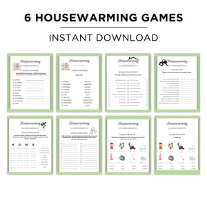 May include: A set of printable housewarming party games with a green and white color scheme. The games include: Word Scramble, Would You Rather, House Hunt, Categories Game, Movie Marathon, Guess the Price.