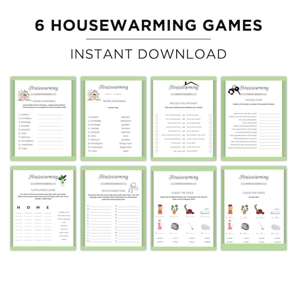 Printable Housewarming party games bundle, new home party, game night