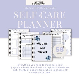 Könnte beinhalten: Ein druckbares Selbstpflege-Planer-Paket mit einem blauen Blumenmuster. Der Umschlag trägt die Aufschrift "My Self-Care Planner" und hat einen weißen Hintergrund mit Holzmaserung. Das Paket enthält über 58 Seiten druckbarer Planerseiten.