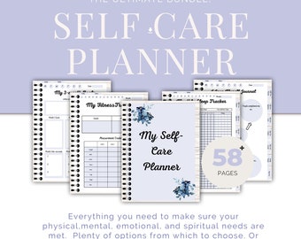 The Ultimate Self Care Planner Bundle,feminine style blue, 58 pages of goals, reflections, routines, trackers, journals, wellness, and more