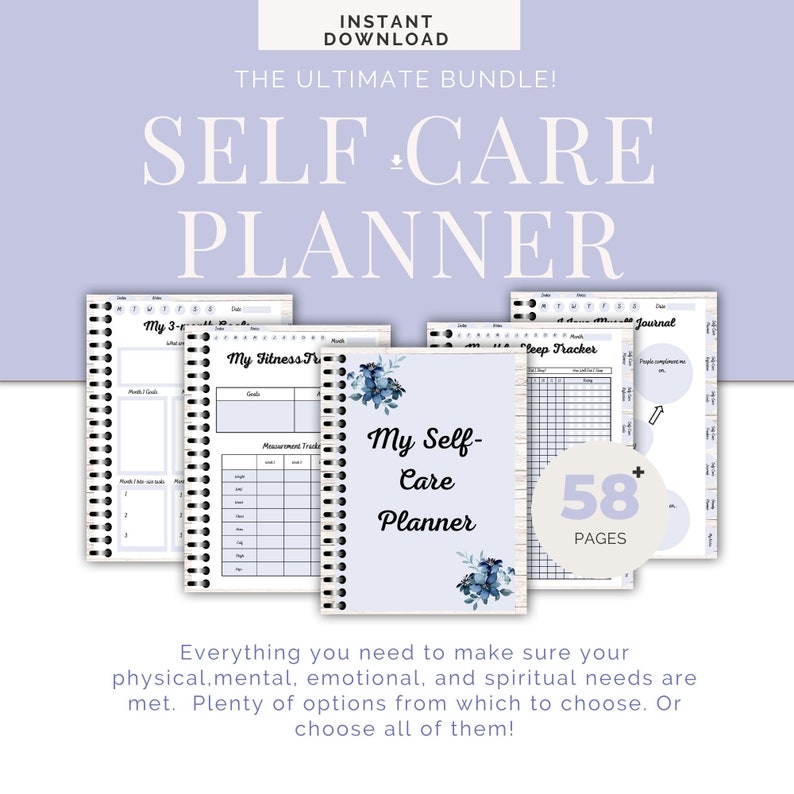 The Ultimate Self Care Planner Bundle,feminine style blue, 58 pages of goals, reflections, routines, trackers, journals, wellness, and more image 1