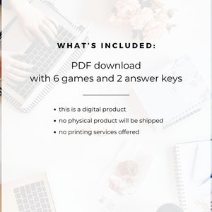 May include: A digital download of 6 games and 2 answer keys. This is a digital product, no physical product will be shipped, and no printing services are offered.