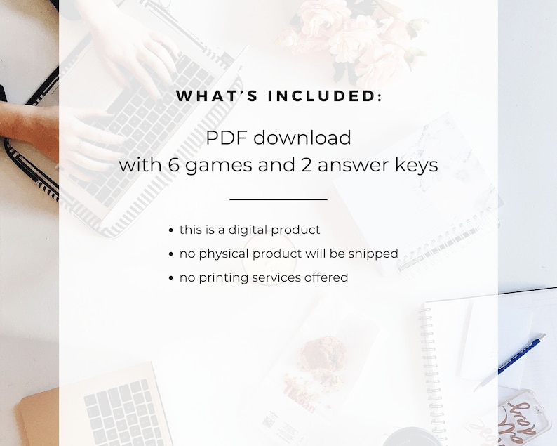 May include: A digital download of 6 games and 2 answer keys. This is a digital product, no physical product will be shipped, and no printing services are offered.