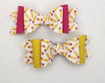 Faux leather hair bow, school pencil theme, three layers with pink or yellow accent. alligator clip