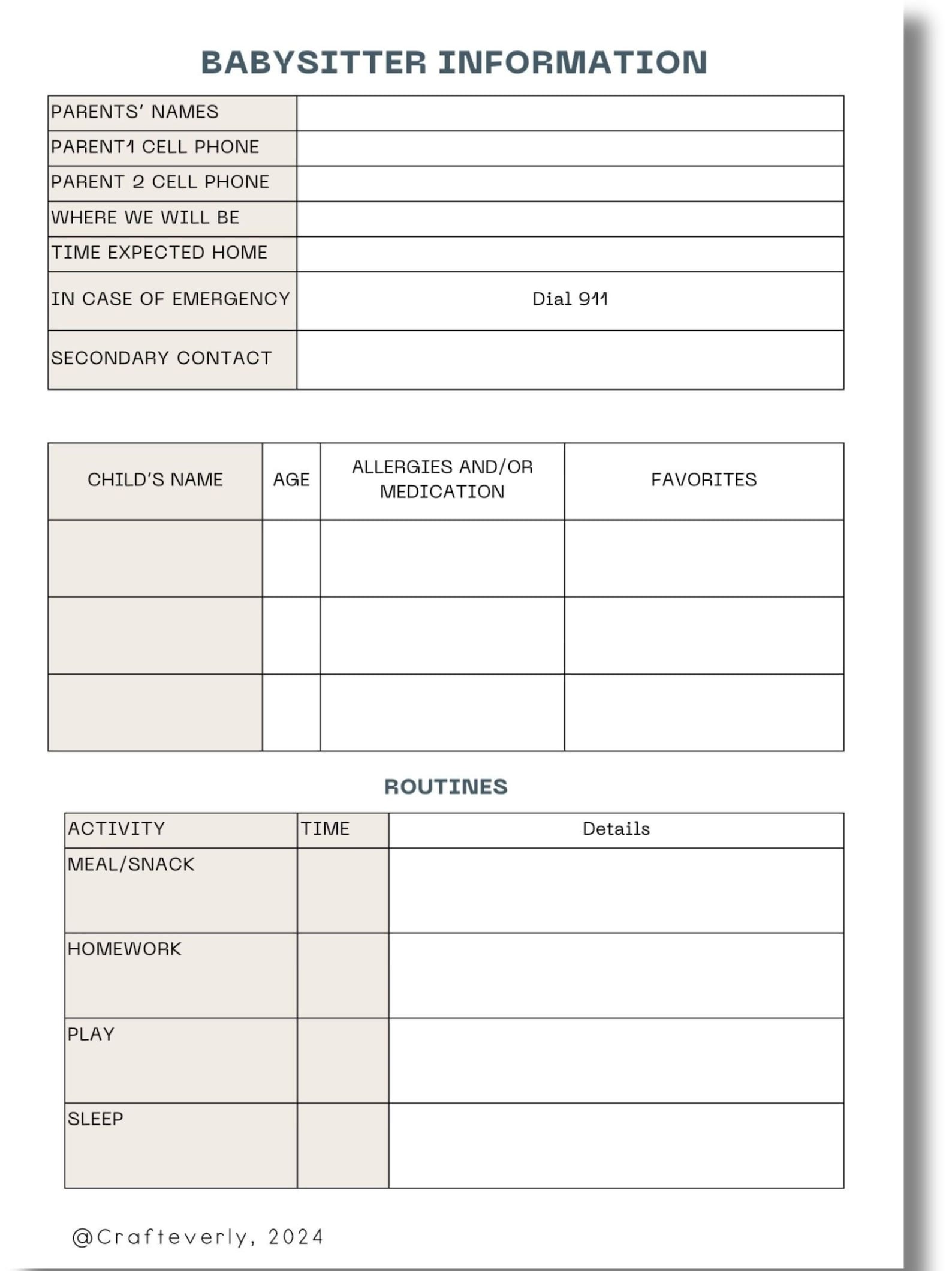 Babysitter Information Sheet, Baby Sitter Essentials, Nanny Basic ...