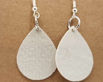 Faux Leather Dangle Teardrop Earrings, White Embossed Faux Leather, Gift for Her