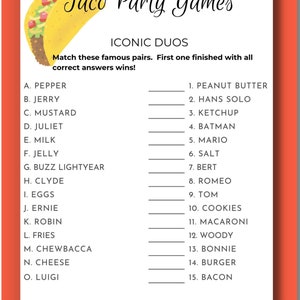 May include: A printable game sheet with a taco graphic and the text "Taco Party Games". The game is called "Iconic Duos" and asks players to match famous pairs from a list of 15 options.