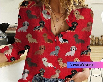 Dachshund Red Linen Shirt, Dachshund Mom Shirt, Dachshund Women Shirt, Dachshund Women Blouses, Wiener Dog Shirt