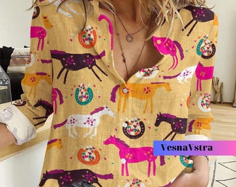 Horses Linen-Look Shirt, Horses Shirt Women, Funny Horses Shirt, Women Blouses, Horses Farm Casual Shirt, Horses Shirt, Gifts For Her
